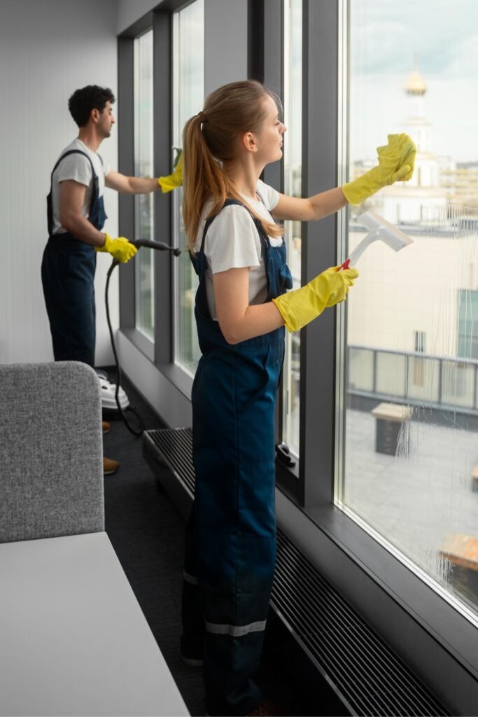 high profession team clean glass with eco friendly clean water